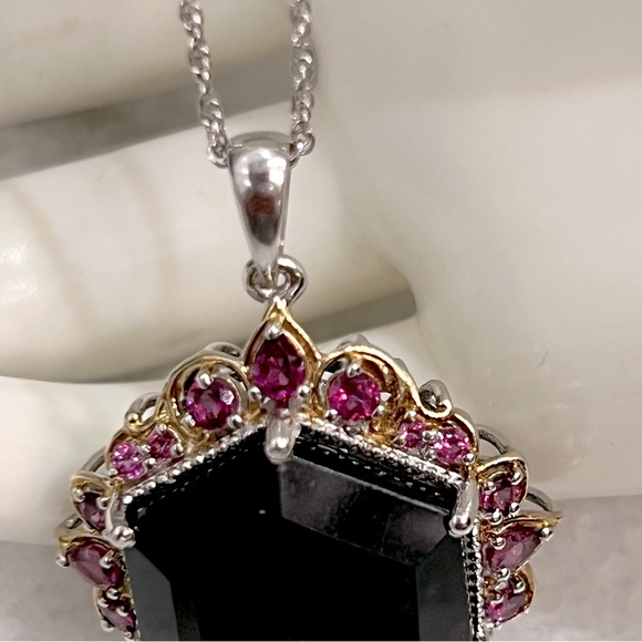 Black Tourmaline Rhodolite Garnet 14K YG Sterling Silver Pendant Necklace - Picture 6 of 13